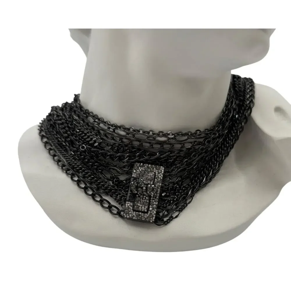Chanel Multi Strand Gunmetal-Silver Crystal Reissue Lock Necklace
